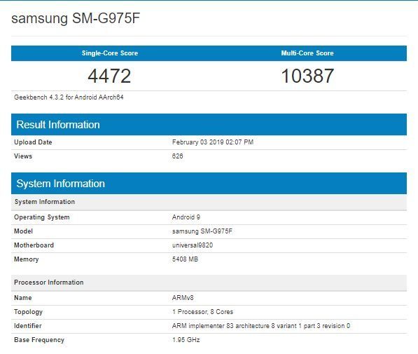 Samsung Galaxy S10+ Exynos 9820 Geekbench