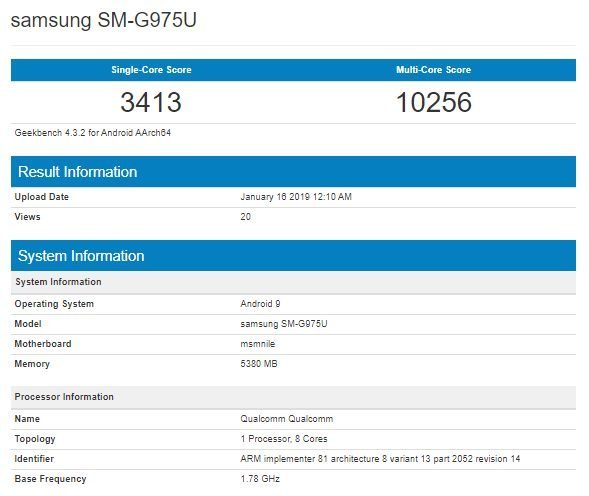 Samsung Galaxy S10+ Snapdragon 855 Geekbench