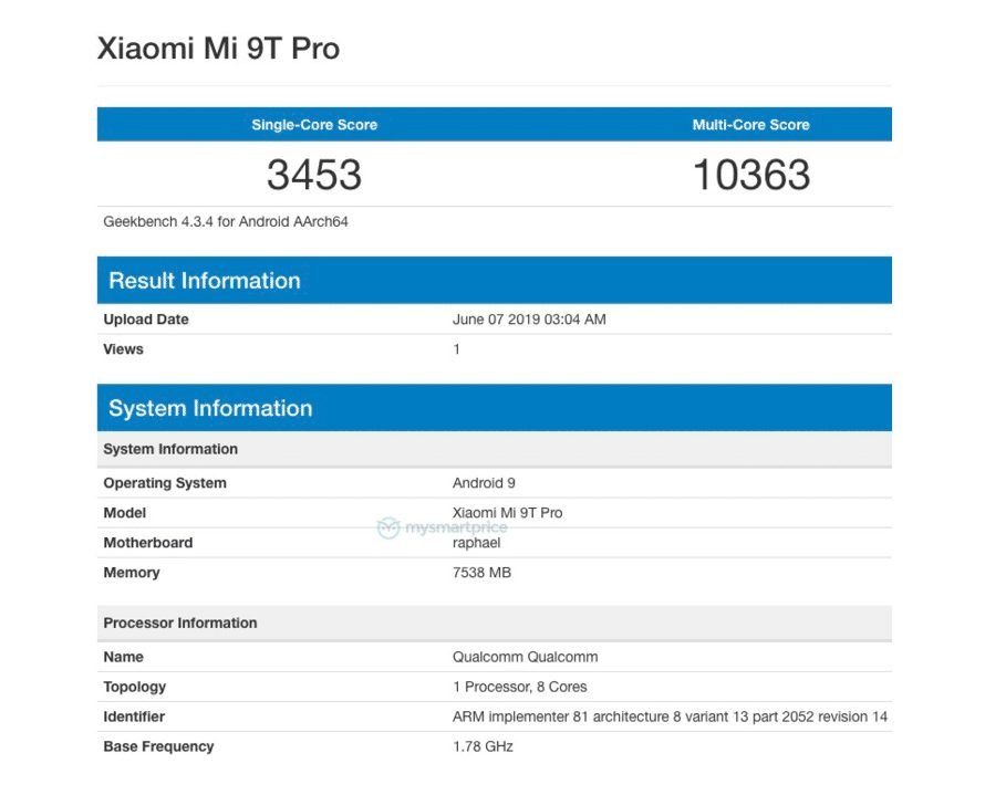Xiaomi Mi 9T Pro в Geekbench