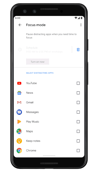 выбор приложений в Focus Mode для Android 10 и 9 Pie