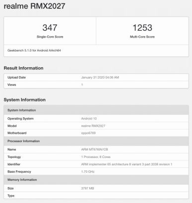 Realme RMX2027 в тесте Geekbench