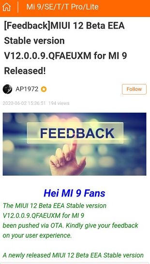 Стабильная бета-версия MIUI 12 доступна для Redmi K20, Mi9 и Mi9T