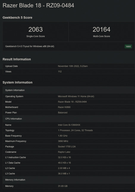 Предстоящий игровой ноутбук Razer Blade 18 с процессором Intel I9-13900HX засветился в листинге Geekbench 