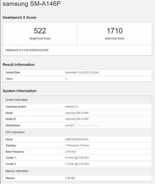 Samsung Galaxy A14 5G замечен на Geekbench с Dimensity 700 и 4 Гб оперативной памяти