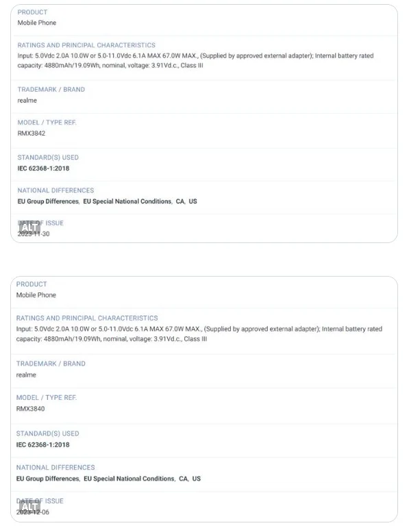 Realme 12 Pro и Realme Pro+ замечены на сертификации TUV с указанием емкости аккумулятора и скорости зарядки