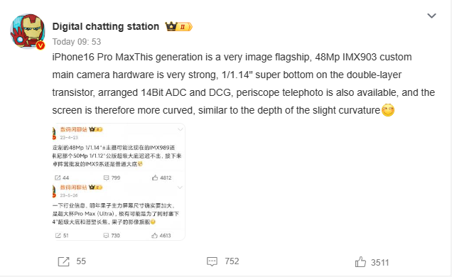 Прийдешньому смартфону iPhone 16 Pro Max пророкують спеціальний сенсором Sony з роздільною здатністю 48 Мп, 14-бітовим АЦП і підтримкою DCG